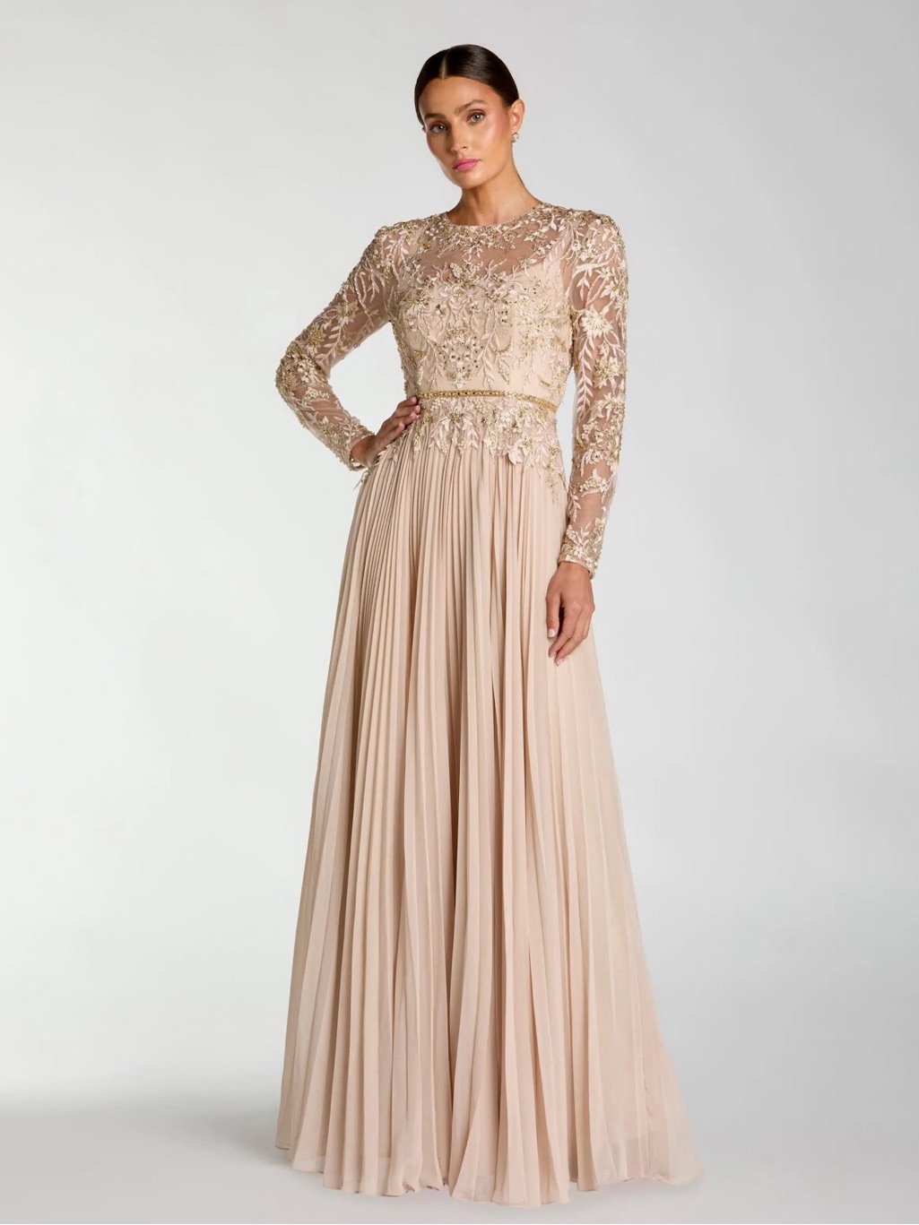 Mac Duggal 11986 Beige Long Sleeve Chiffon Embellished Gown Size 12 Nwt